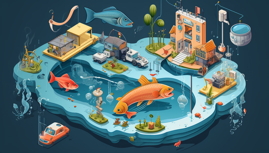 isometric, illustrative design graphics about weight, water, fish and comedy --v 5.2 --aspect 7:4 