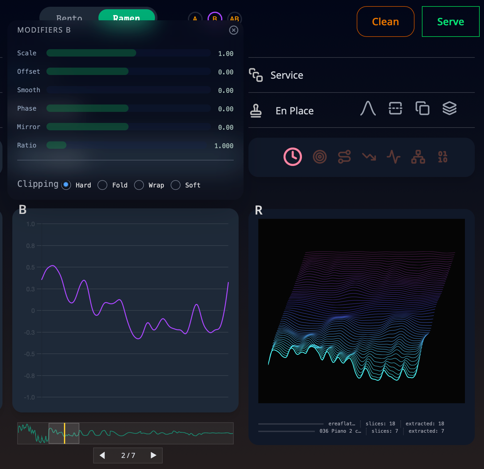 Software interface with audio equalizer and waveform display on a dark background